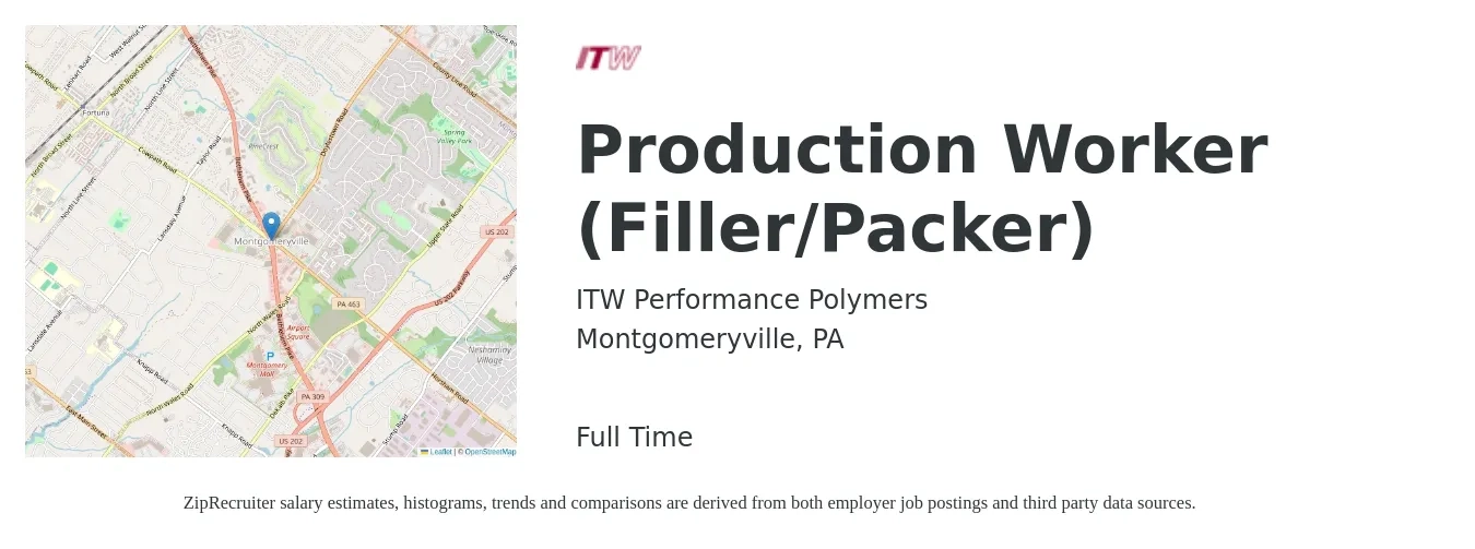 ITW Performance Polymers job posting for a Production Worker (Filler/Packer) in Montgomeryville, PA with a salary of $15 to $18 Hourly with a map of Montgomeryville location.