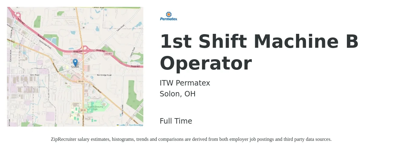 ITW Permatex job posting for a 1st Shift Machine B Operator in Solon, OH with a salary of $16 to $19 Hourly with a map of Solon location.