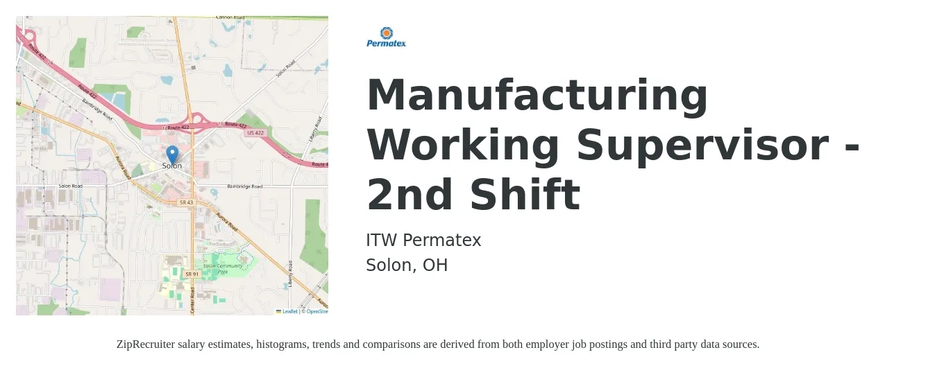 ITW Permatex job posting for a Manufacturing Working Supervisor - 2nd Shift in Solon, OH with a salary of $23 to $28 Hourly with a map of Solon location.