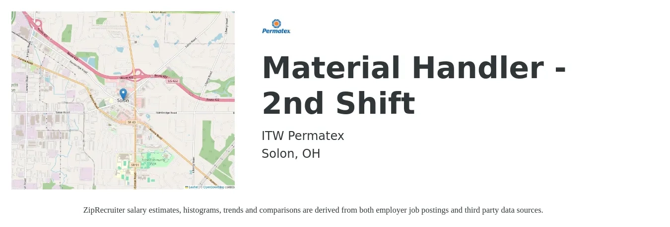 ITW Permatex job posting for a Material Handler - 2nd Shift in Solon, OH with a salary of $19 to $22 Hourly with a map of Solon location.