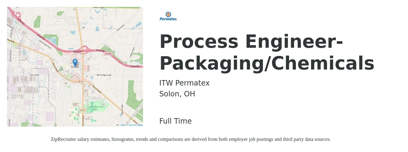 ITW Permatex job posting for a Process Engineer-Packaging/Chemicals in Solon, OH with a salary of $32 to $48 Hourly with a map of Solon location.
