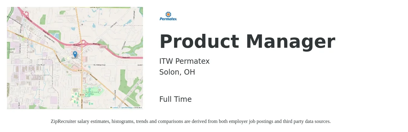 ITW Permatex job posting for a Product Manager in Solon, OH with a salary of $131,100 to $183,100 Yearly with a map of Solon location.