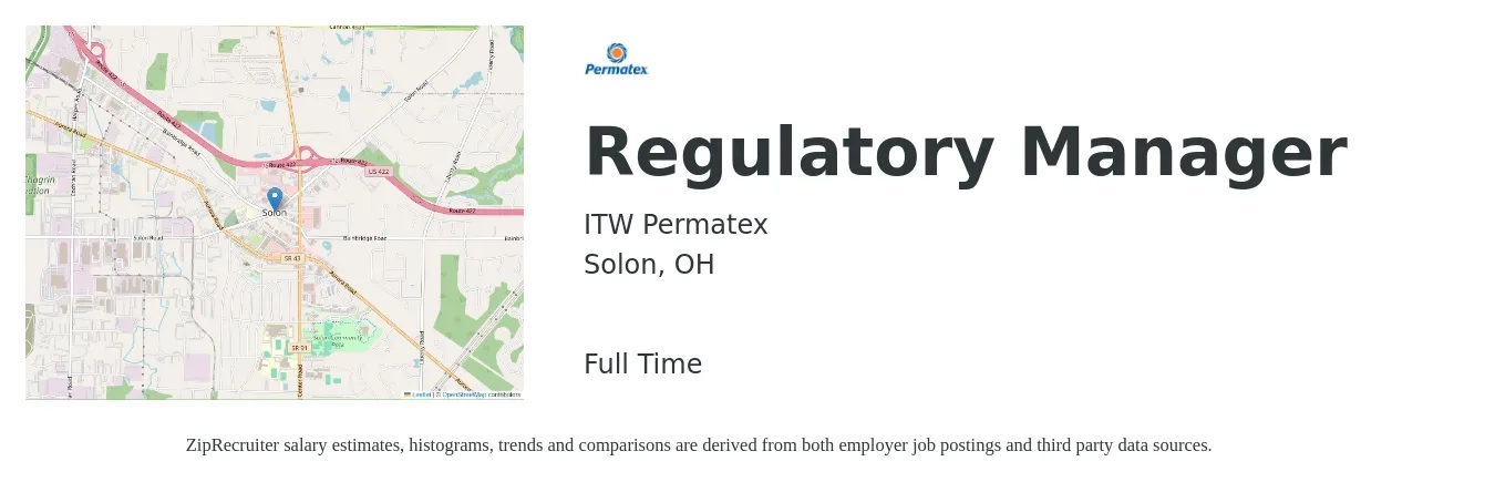 ITW Permatex job posting for a Regulatory Manager in Solon, OH with a salary of $72,000 to $126,900 Yearly with a map of Solon location.