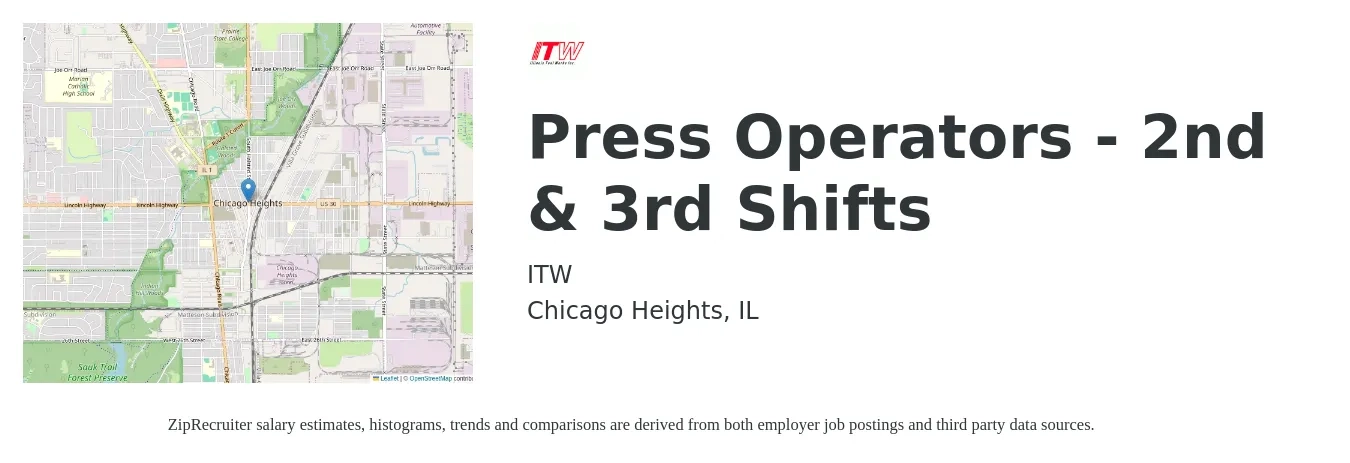 ITW job posting for a Press Operators - 2nd & 3rd Shifts in Chicago Heights, IL with a salary of $16 to $21 Hourly with a map of Chicago Heights location.