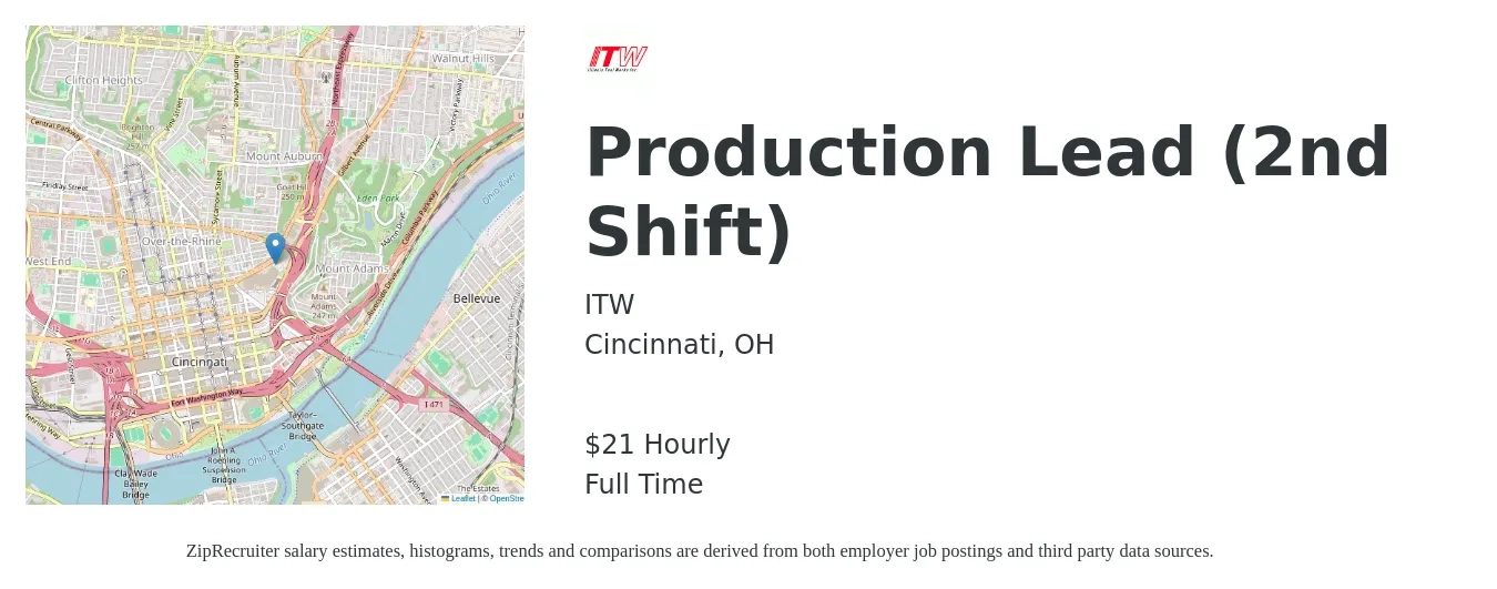 ITW job posting for a Production Lead (2nd Shift) in Cincinnati, OH with a salary of $22 Hourly with a map of Cincinnati location.