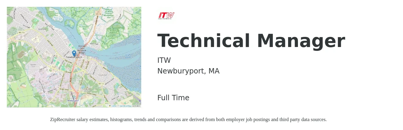ITW job posting for a Technical Manager in Newburyport, MA with a salary of $123,000 to $191,100 Yearly with a map of Newburyport location.