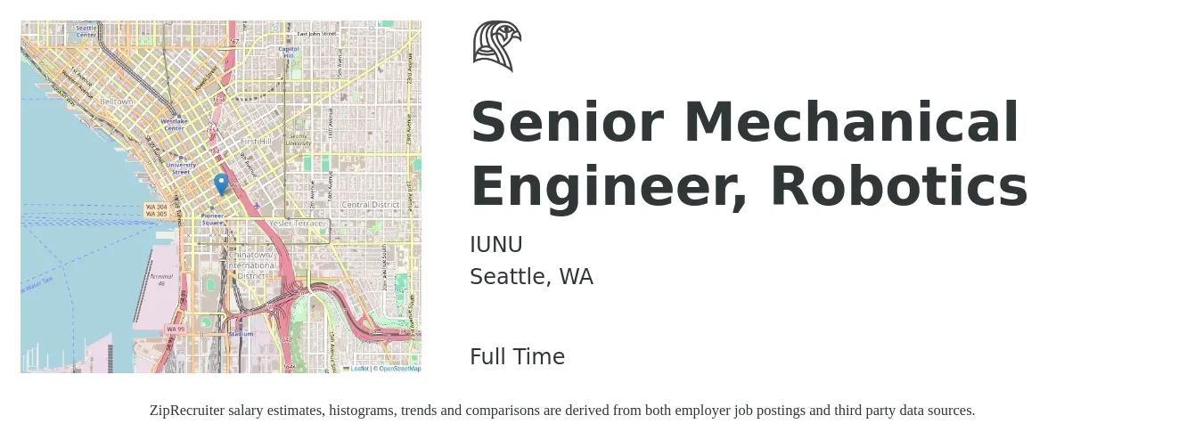 IUNU job posting for a Senior Mechanical Engineer, Robotics in Seattle, WA with a salary of $118,900 to $157,000 Yearly with a map of Seattle location.
