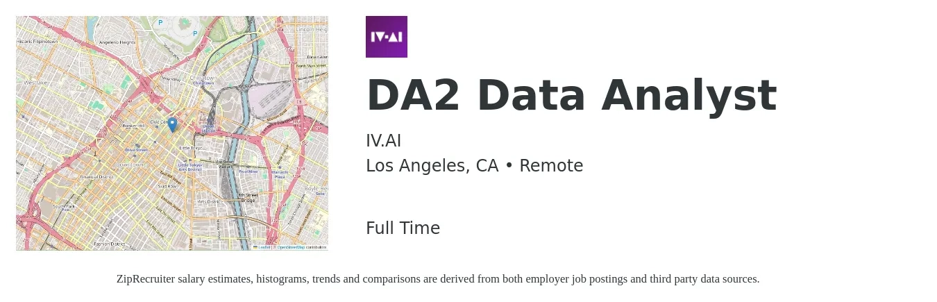 IV.AI job posting for a DA2 Data Analyst in Los Angeles, CA with a salary of $50,000 to $80,000 Yearly with a map of Los Angeles location.
