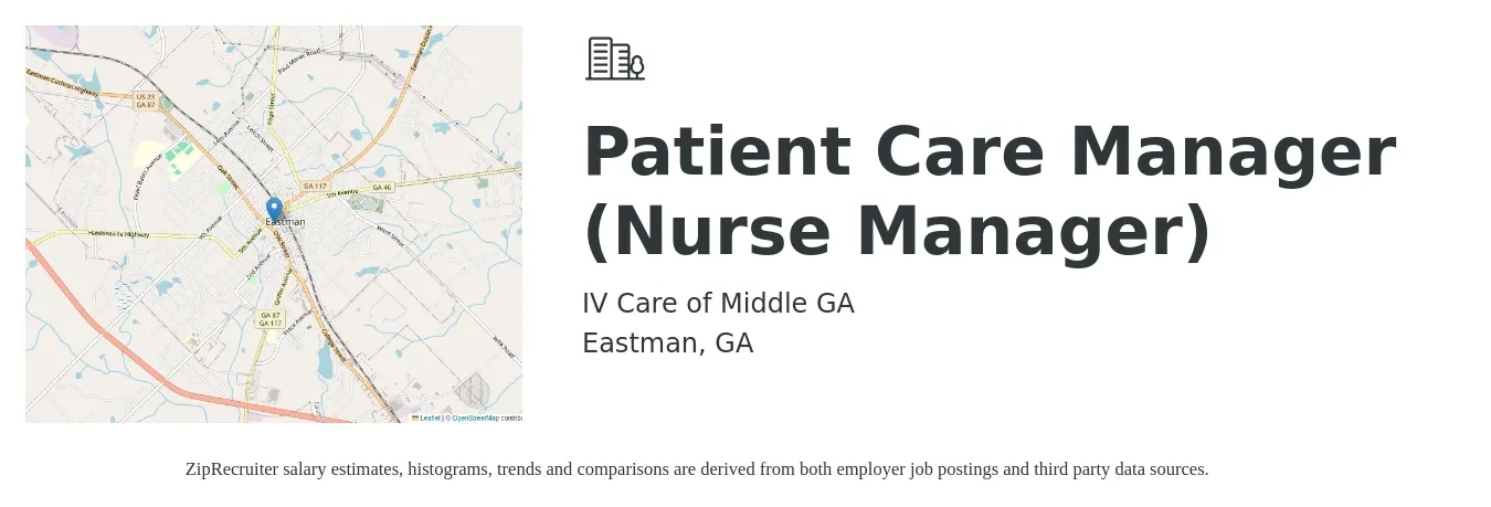 IV Care of Middle GA job posting for a Patient Care Manager (Nurse Manager) in Eastman, GA with a salary of $30 to $43 Hourly with a map of Eastman location.