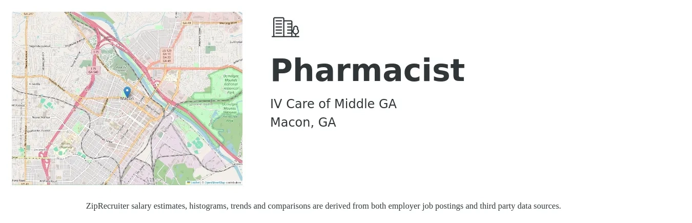 IV Care of Middle GA job posting for a Pharmacist in Macon, GA with a salary of $56 to $67 Hourly with a map of Macon location.