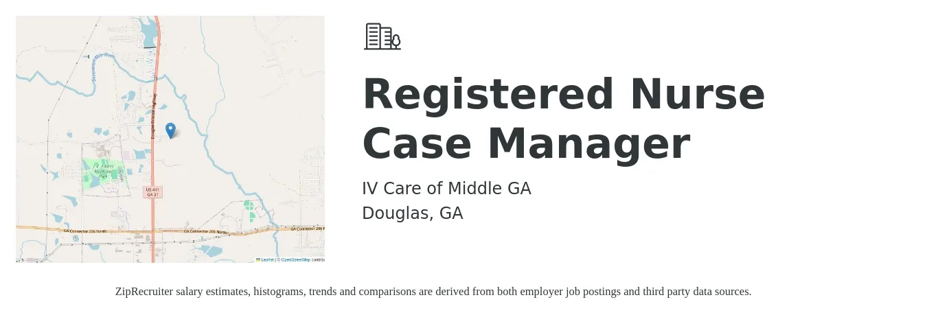 IV Care of Middle GA job posting for a Registered Nurse Case Manager in Douglas, GA with a salary of $29 to $48 Hourly with a map of Douglas location.