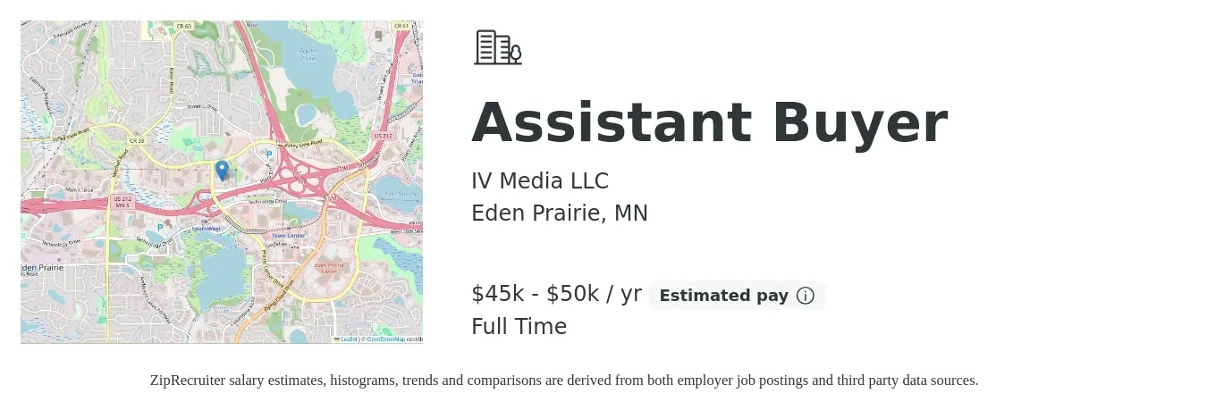 IV Media LLC job posting for a Assistant Buyer in Eden Prairie, MN with a salary of $45,000 to $50,000 Yearly with a map of Eden Prairie location.