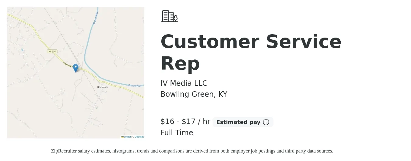 IV Media LLC job posting for a Customer Service Rep in Bowling Green, KY with a salary of $17 to $18 Hourly with a map of Bowling Green location.
