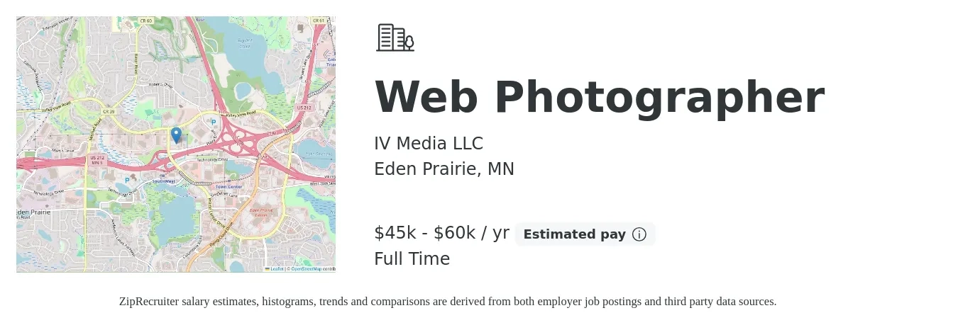 IV Media LLC job posting for a Web Photographer in Eden Prairie, MN with a salary of $45,000 to $60,000 Yearly with a map of Eden Prairie location.