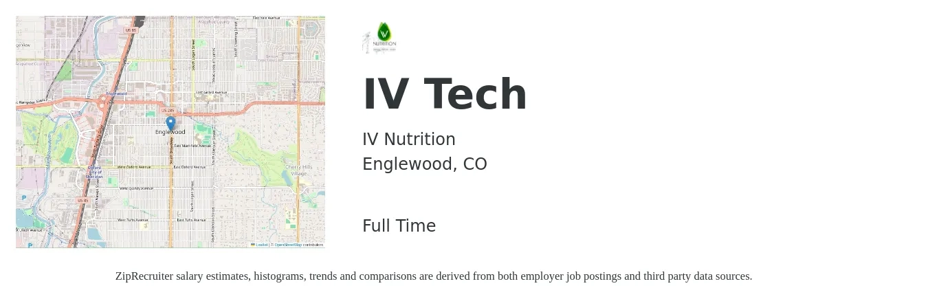 IV Nutrition job posting for a IV Tech in Englewood, CO with a salary of $20 to $26 Hourly with a map of Englewood location.