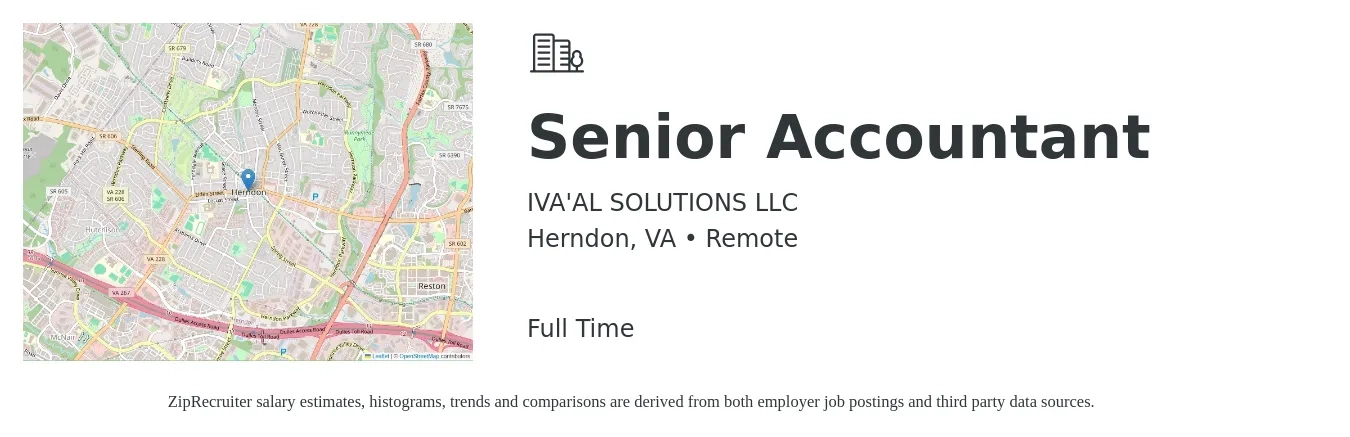 IVA'AL Solutions, LLC job posting for a Senior Accountant in Herndon, VA with a salary of $76,000 to $95,600 Yearly with a map of Herndon location.
