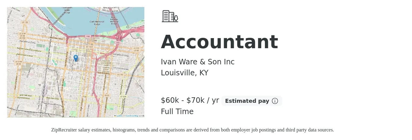 Ivan Ware & Son Inc job posting for a Accountant in Louisville, KY with a salary of $60,000 to $70,000 Yearly with a map of Louisville location.