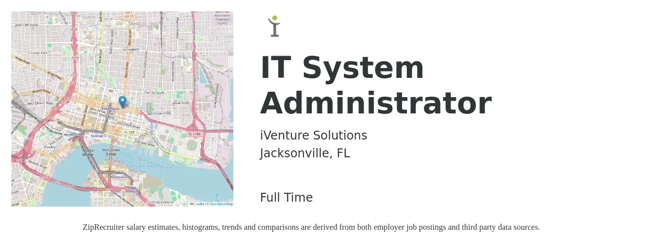 iVenture Solutions job posting for a IT System Administrator in Jacksonville, FL with a salary of $62,100 to $87,600 Yearly with a map of Jacksonville location.