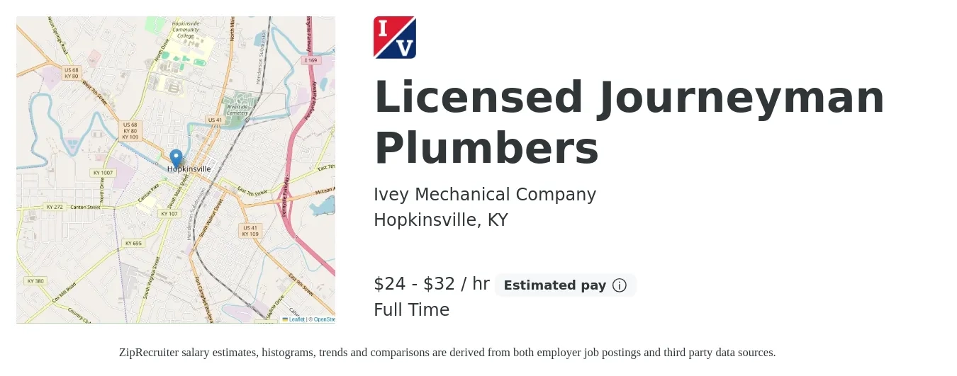 Ivey Mechanical Company job posting for a Licensed Journeyman Plumbers in Hopkinsville, KY with a salary of $25 to $34 Hourly with a map of Hopkinsville location.