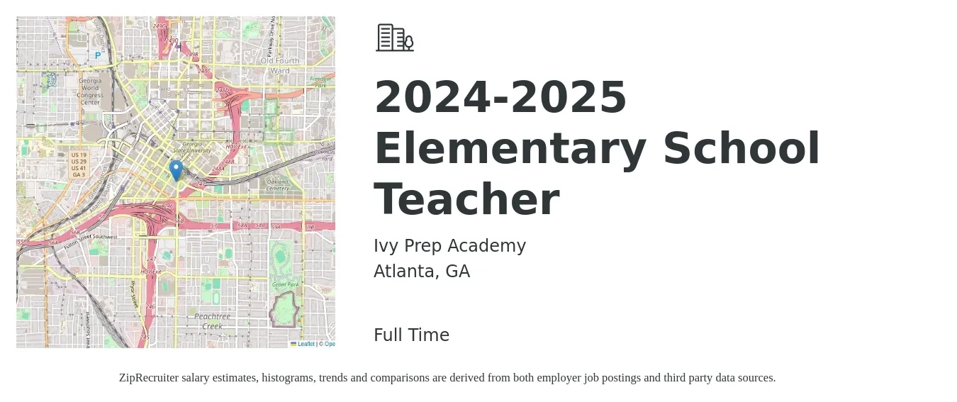Ivy Prep Academy job posting for a 2024-2025 Elementary School Teacher in Atlanta, GA with a salary of $43,200 to $58,200 Yearly with a map of Atlanta location.