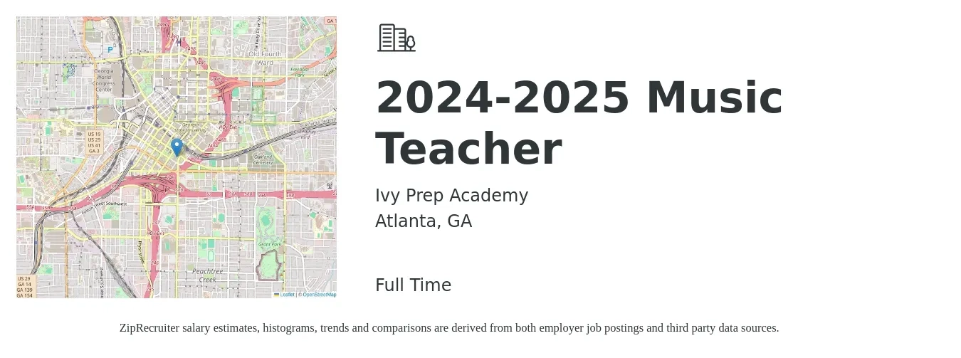 Ivy Prep Academy job posting for a 2024-2025 Music Teacher in Atlanta, GA with a salary of $24 to $34 Hourly with a map of Atlanta location.