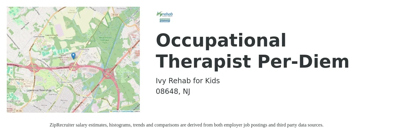 Ivy Rehab for Kids job posting for a Occupational Therapist Per-Diem in 08648, NJ with a salary of $42 to $56 Hourly with a map of 08648 location.