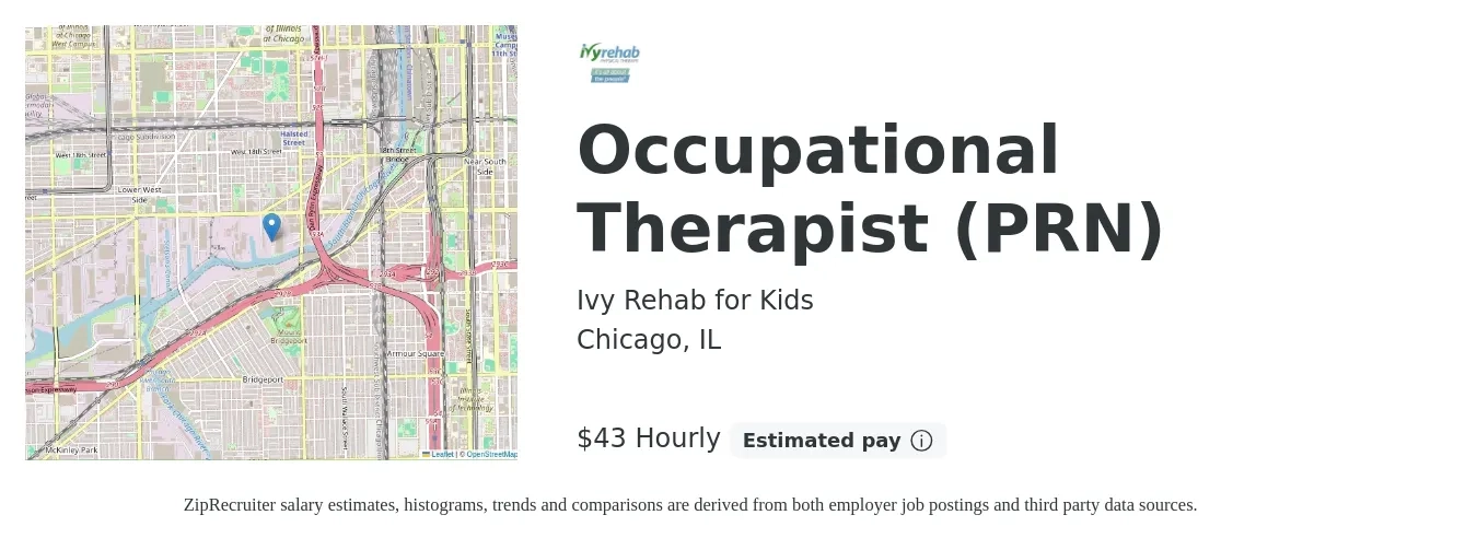 Ivy Rehab for Kids job posting for a Occupational Therapist (PRN) in Chicago, IL with a salary of $45 Hourly with a map of Chicago location.