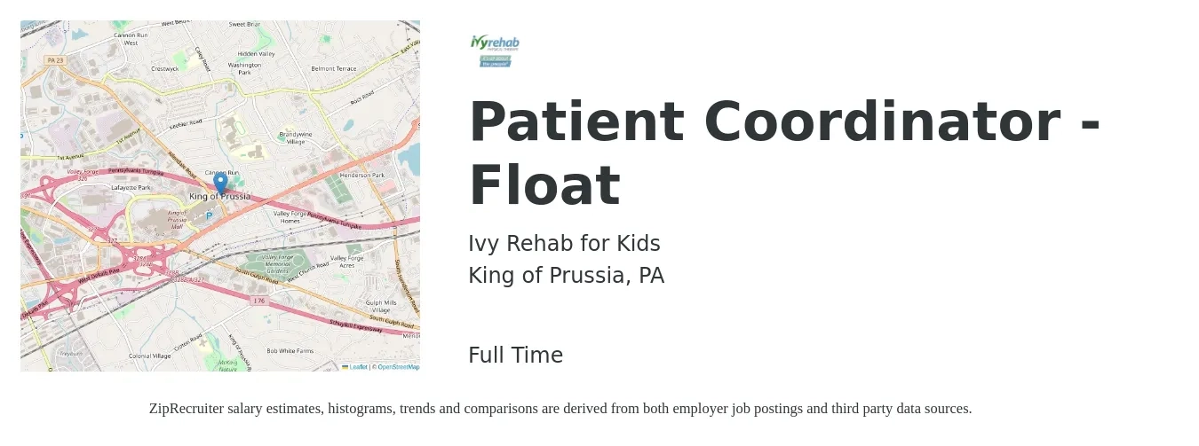 Ivy Rehab for Kids job posting for a Patient Coordinator - Float in King of Prussia, PA with a salary of $17 to $22 Hourly with a map of King of Prussia location.