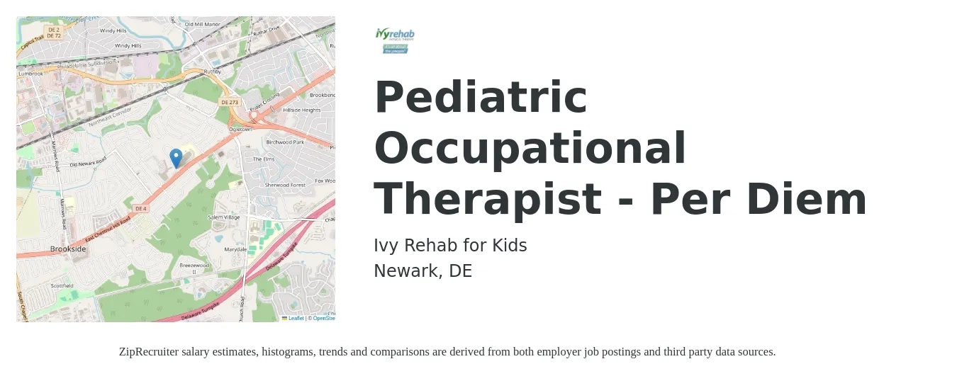 Ivy Rehab for Kids job posting for a Pediatric Occupational Therapist - Per Diem in Newark, DE with a salary of $68,400 to $92,400 Yearly with a map of Newark location.