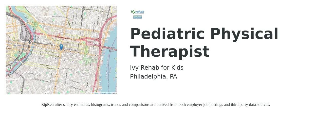 Ivy Rehab for Kids job posting for a Pediatric Physical Therapist in Philadelphia, PA with a salary of $70,700 to $106,600 Yearly with a map of Philadelphia location.