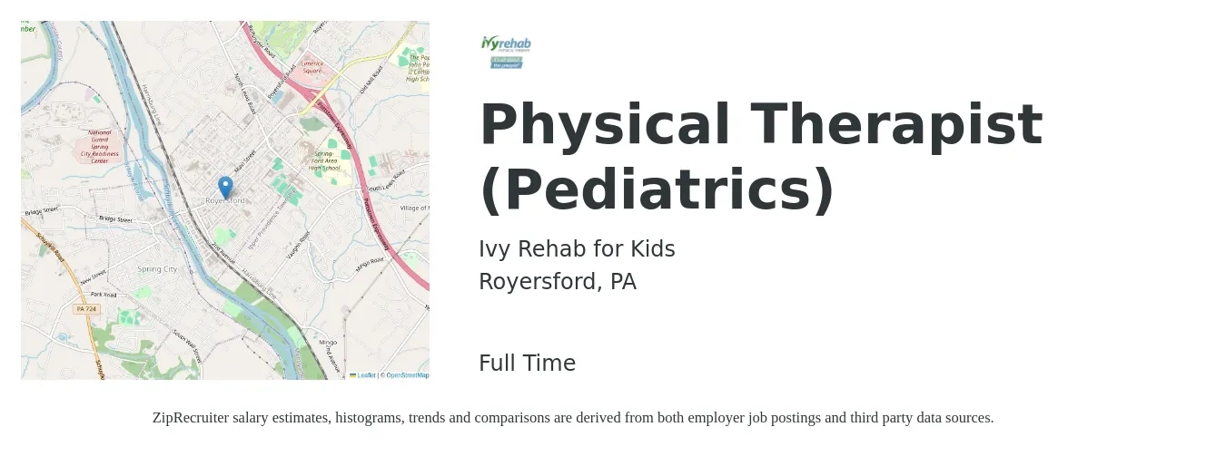 Ivy Rehab for Kids job posting for a Physical Therapist (Pediatrics) in Royersford, PA with a map of Royersford location.