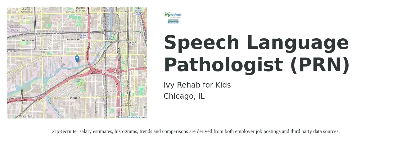 Ivy Rehab for Kids job posting for a Speech Language Pathologist (PRN) in Chicago, IL with a salary of $38 to $54 Hourly with a map of Chicago location.