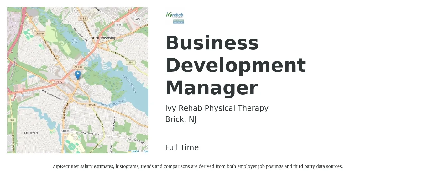 Ivy Rehab Physical Therapy job posting for a Business Development Manager in Brick, NJ with a salary of $65,800 to $107,900 Yearly with a map of Brick location.