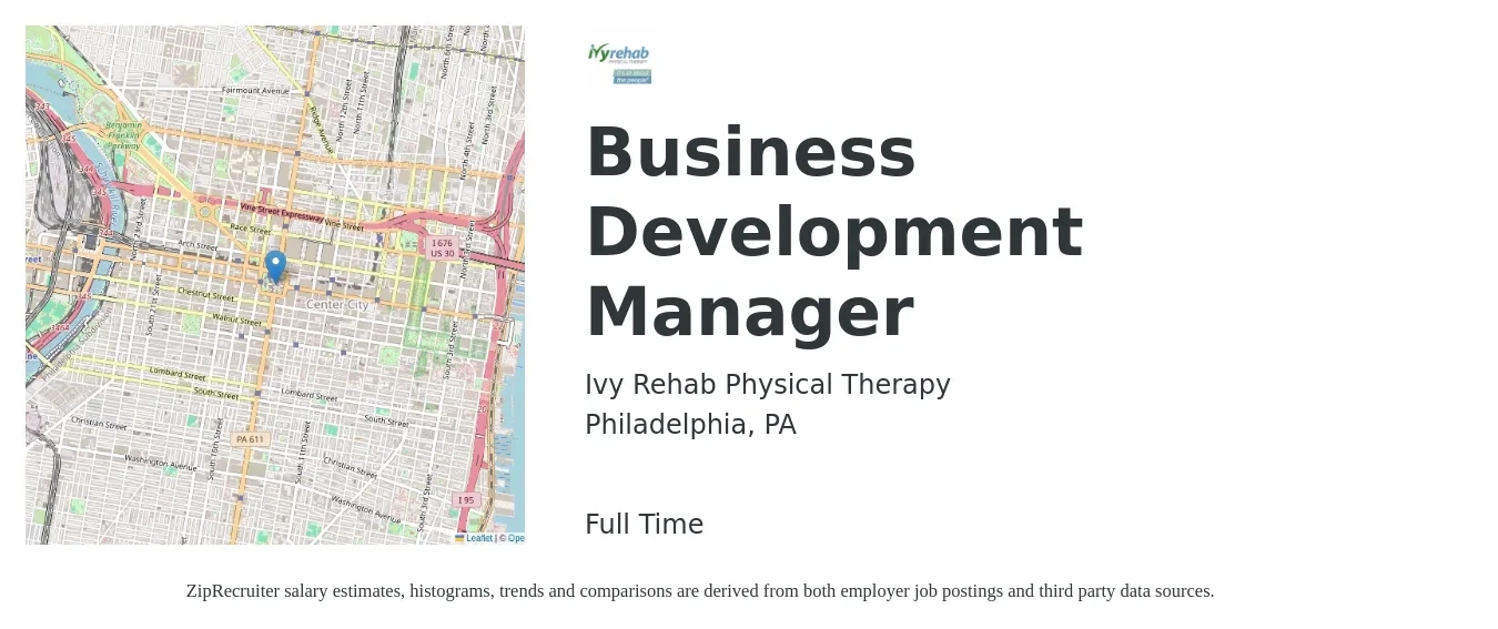 Ivy Rehab Physical Therapy job posting for a Business Development Manager in Philadelphia, PA with a salary of $58,300 to $95,600 Yearly with a map of Philadelphia location.