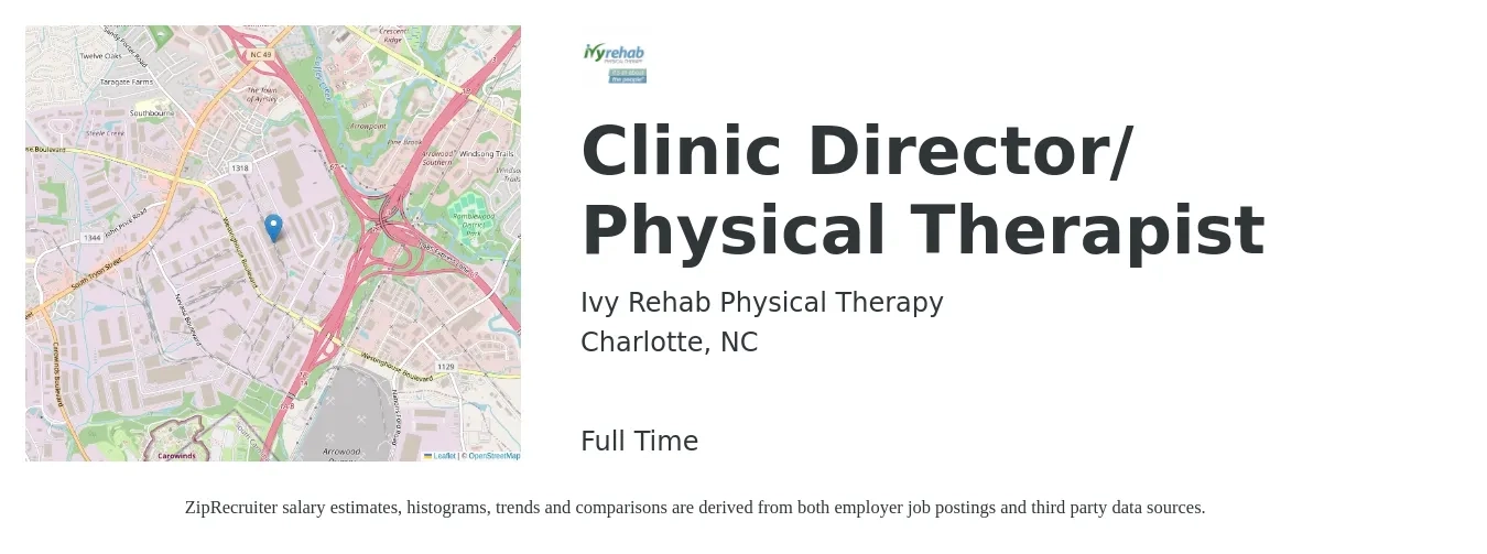 Ivy Rehab Physical Therapy job posting for a Clinic Director/ Physical Therapist in Charlotte, NC with a salary of $81,900 to $94,600 Yearly with a map of Charlotte location.