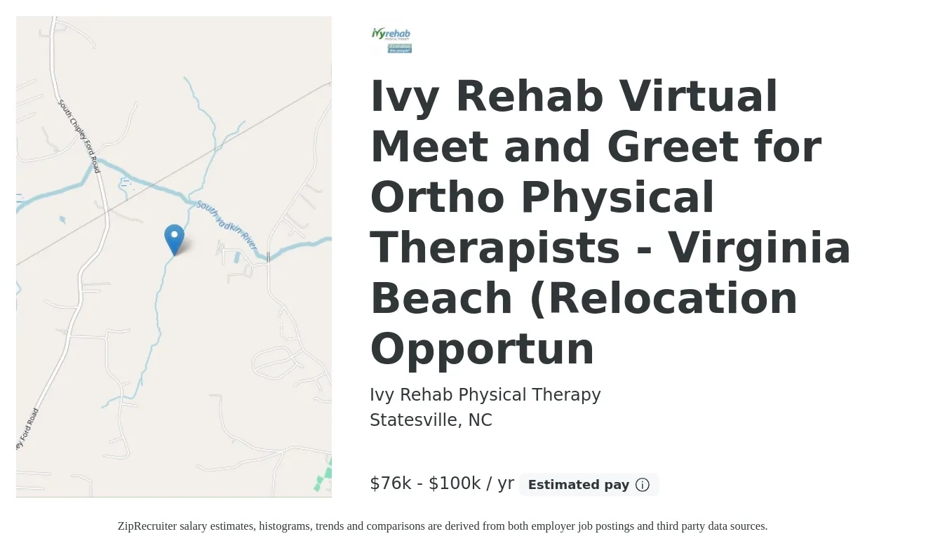 Ivy Rehab Physical Therapy job posting for a Ivy Rehab Virtual Meet and Greet for Ortho Physical Therapists - Virginia Beach (Relocation Opportun in Statesville, NC with a salary of $76,000 to $100,000 Yearly with a map of Statesville location.