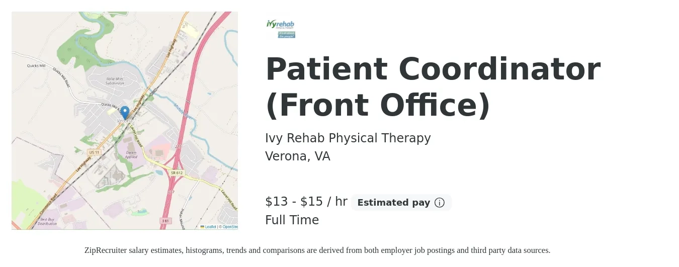 Ivy Rehab Physical Therapy job posting for a Patient Coordinator (Front Office) in Verona, VA with a salary of $14 to $16 Hourly with a map of Verona location.