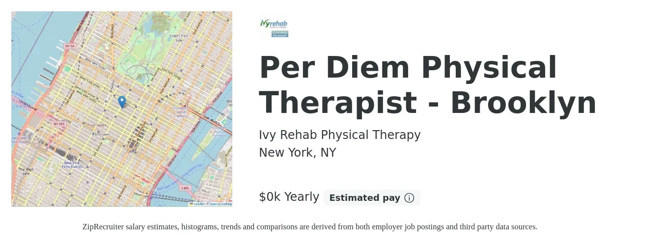 Ivy Rehab Physical Therapy job posting for a Per Diem Physical Therapist - Brooklyn in New York, NY with a salary of $50 to $60 Yearly with a map of New York location.