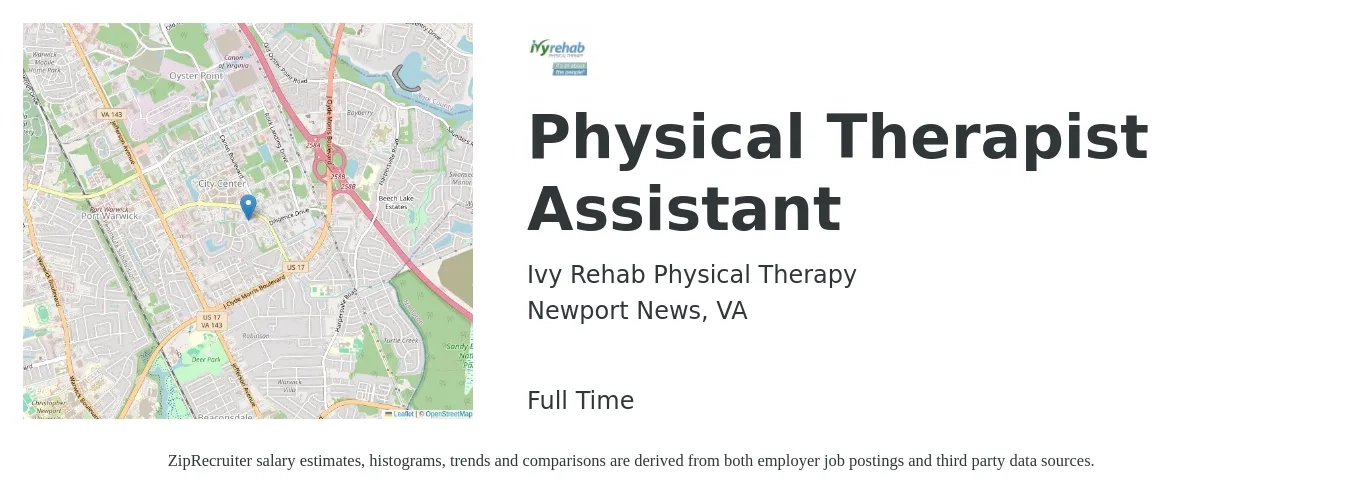 Ivy Rehab Physical Therapy job posting for a Physical Therapist Assistant in Newport News, VA with a salary of $25 to $33 Hourly with a map of Newport News location.
