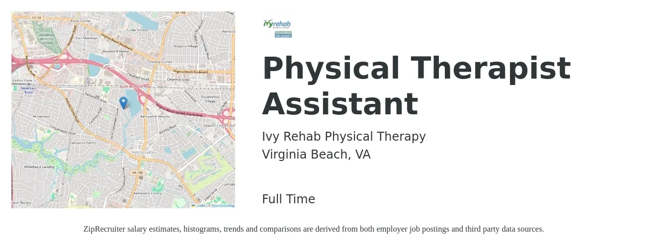 Ivy Rehab Physical Therapy job posting for a Physical Therapist Assistant in Virginia Beach, VA with a salary of $25 to $33 Hourly with a map of Virginia Beach location.
