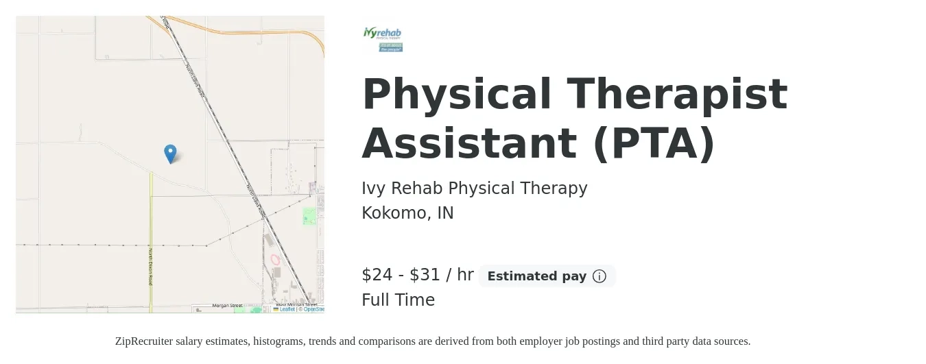 Ivy Rehab Physical Therapy job posting for a Physical Therapist Assistant (PTA) in Kokomo, IN with a salary of $25 to $33 Hourly with a map of Kokomo location.