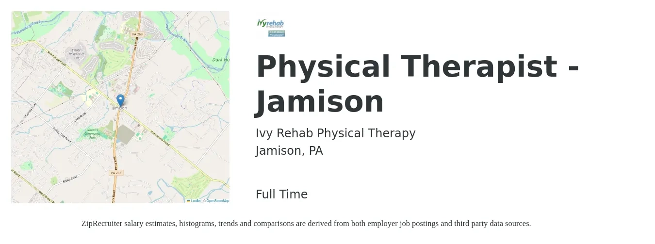 Ivy Rehab Physical Therapy job posting for a Physical Therapist - Jamison in Jamison, PA with a salary of $1,620 to $2,100 Weekly with a map of Jamison location.