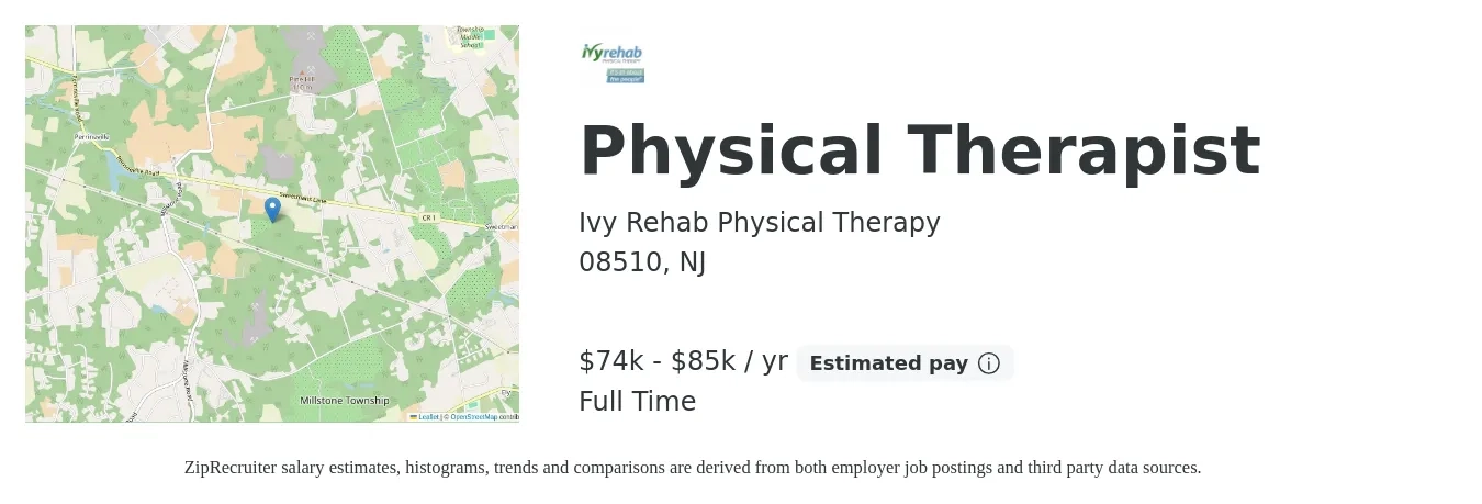 Ivy Rehab Physical Therapy job posting for a Physical Therapist in 08510, NJ with a salary of $74,000 to $85,000 Yearly with a map of 08510 location.