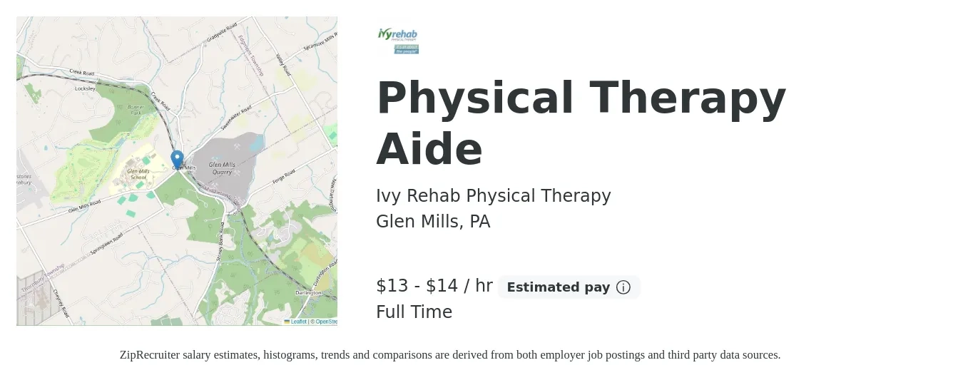Ivy Rehab Physical Therapy job posting for a Physical Therapy Aide in Glen Mills, PA with a salary of $14 to $15 Hourly with a map of Glen Mills location.