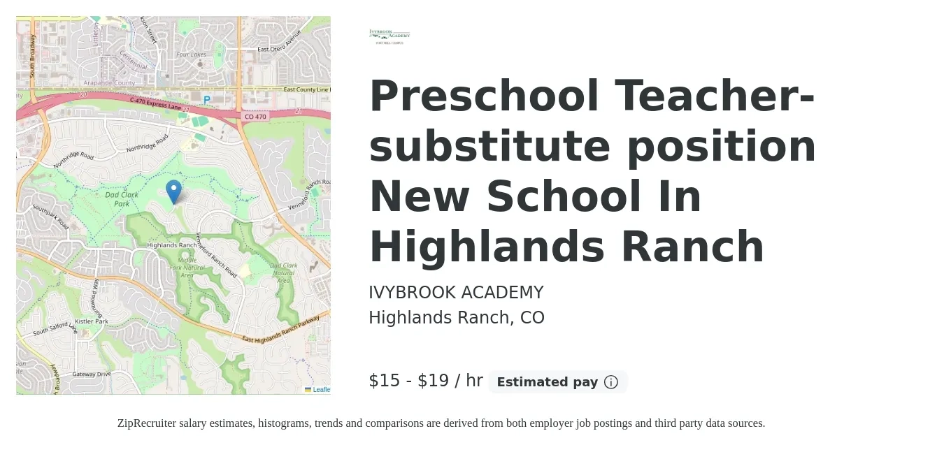 IVYBROOK ACADEMY job posting for a Preschool Teacher-substitute position New School In Highlands Ranch in Highlands Ranch, CO with a salary of $16 to $20 Hourly with a map of Highlands Ranch location.