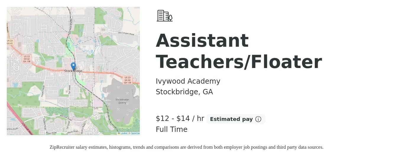Ivywood Academy job posting for a Assistant Teachers/Floater in Stockbridge, GA with a salary of $13 to $16 Hourly with a map of Stockbridge location.