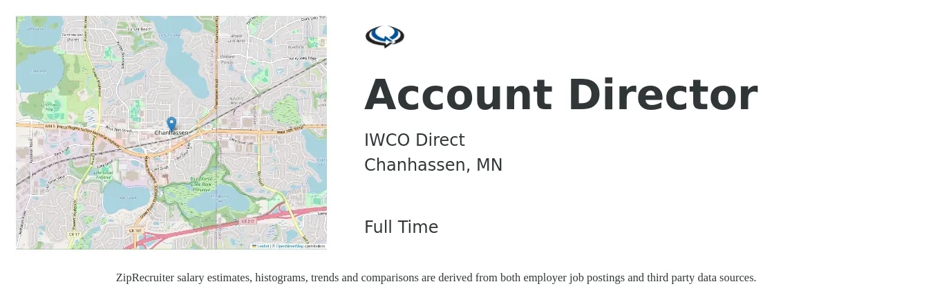 IWCO Direct LLC job posting for a Account Director in Chanhassen, MN with a salary of $96,600 to $124,600 Yearly with a map of Chanhassen location.