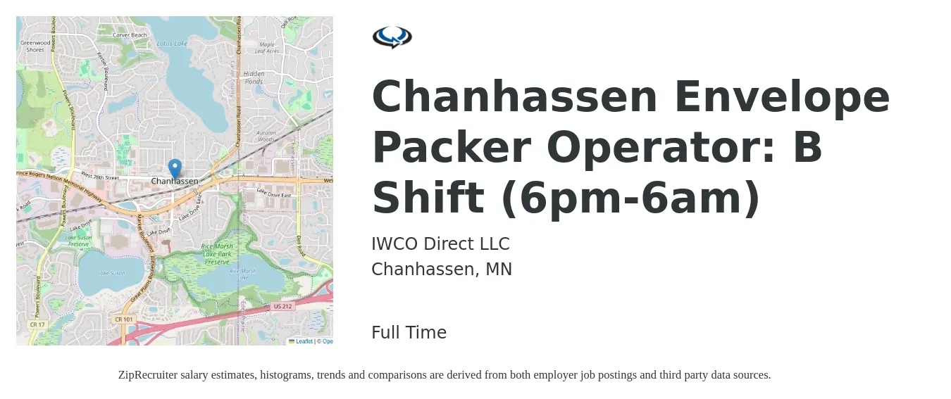 IWCO Direct LLC job posting for a Chanhassen Envelope Packer Operator: B Shift (6pm-6am) in Chanhassen, MN with a salary of $16 to $18 Hourly with a map of Chanhassen location.