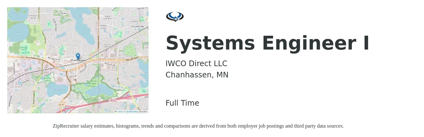 IWCO Direct LLC job posting for a Systems Engineer I in Chanhassen, MN with a salary of $99,700 to $159,700 Yearly with a map of Chanhassen location.