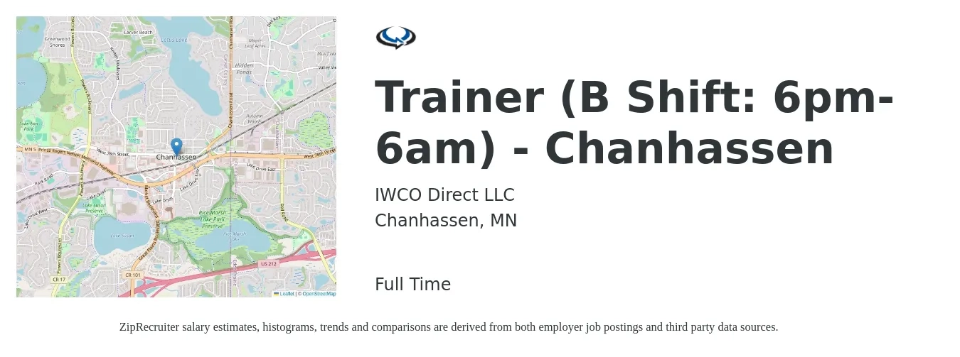 IWCO Direct LLC job posting for a Trainer (B Shift: 6pm-6am) - Chanhassen in Chanhassen, MN with a salary of $20 to $32 Hourly with a map of Chanhassen location.